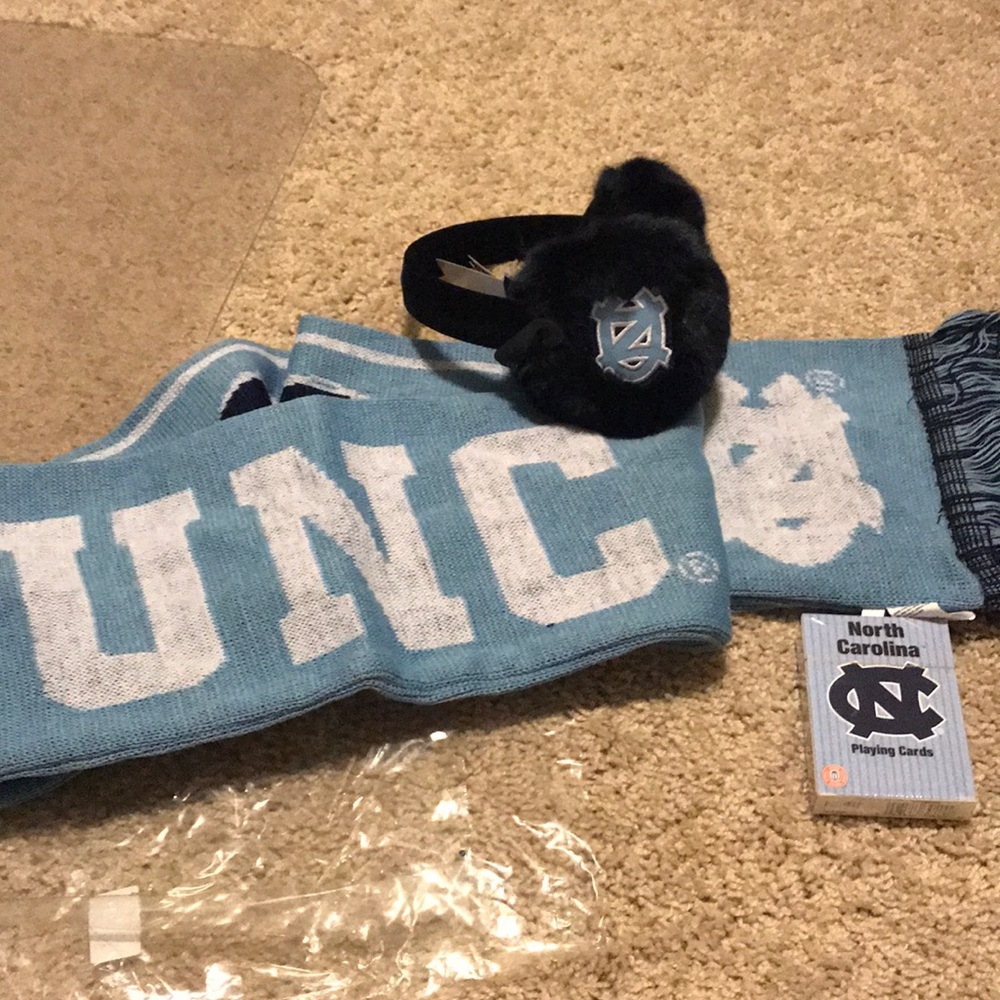UNC scarf, playing cards & Ear muffs